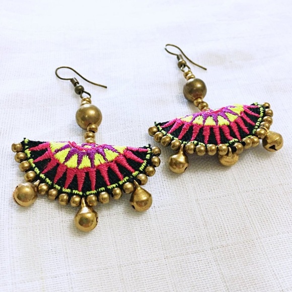 Boho Embroidered Antique Brass Earrings - Picture 2 of 4